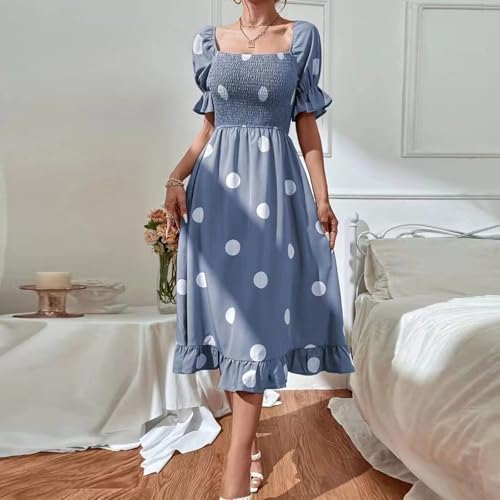 Vestido midi de lunares con manga corta y volantes para mujer 3