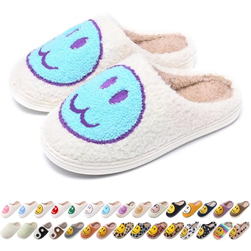 Image of Women's Men's Preppy Happy Face Slippers Comfy Warm Plush Slip-On House Slipper for Winter Indoor Soft Cushion Non-slip Fluffy Slides Slippers