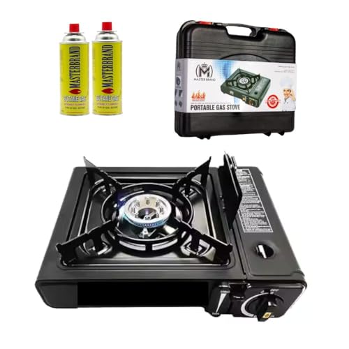MASTER BRAND Portable Camping Gas Stove with 2 Butane Gas Canisters & Carry Case, Single Burner Portable Gas Cooker for Camping, Caravan, Fishing