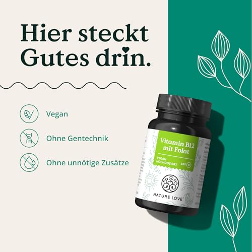 NATURE LOVE® Vitamin B12 Vegan - 500 µg pro Tagesdosis - 180 Tabletten - Beide aktive Formen Adenosyl- & Methylcobalamin + Depot + Folat 5-MTHF aus Quatrefolic® - Hochdosiert und laborgeprüft 4