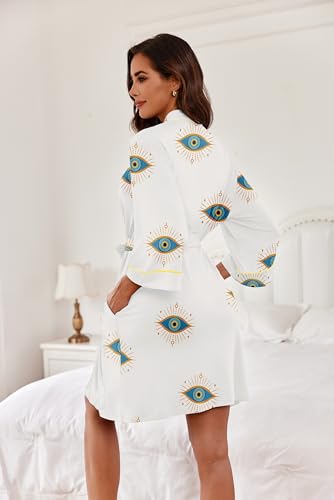 Image of Ekouaer Women Kimono Robes Knee Length Knit Bathrobe Lightweight Soft Sleepwear V-neck Casual Ladies Loungewear