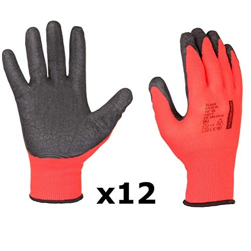 Blade - Guantes de trabajo sólido, Montaje, Antideslizante, Recubrimiento de látex, Jardín, Reparaciones, Automoción, Trabajos precisión, Servicio automóvil, Taller, 7-11 (12 Pares, 10