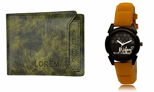 Image of LOREM Green Color Faux Leather Wallet & Black Analog Watch Combo for Men & Women | WL27-LR235