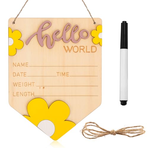 NQEUEPN Baby Announcement Sign, Wooden Hello World Newborn Sign Birth Announcement Plaque Newborn Welcome Sign Baby Name Board for Girl Boy Photo Prop Baby Shower Nursery Hospital (Style 2)