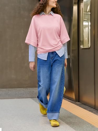 Image of Tankaneo Womens Oversized Half Sleeve T-Shirts Crew Neck Boxy Basic Tees Tops Summer Casual Loose Fit Tunic Shirts