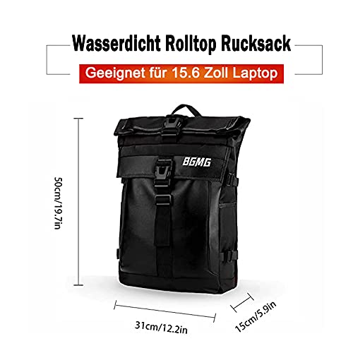 BBD RollTop Rugzak voor dames en heren, 15,6 inch laptoprugzak van PU en Oxford, waterdichte schoolrugzak, dagrugzak voor universiteit, vrije tijd, sport, reizen, zwart. 31, - Image 3