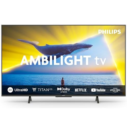 Philips Ambilight 43PUS8109 4K LED Smart TV - 43-Zoll Display mit Pixel-präziser Ultra HD, Titan OS Plattform und Dolby Atmos, Funktioniert mit Alexa und Google Sprachassistent - Satiniertes Chrom