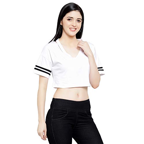 Image of LE BOURGEOIS Women Solid Loose Fit Desiger V-Neck Short Sleeve Dance Party Casul Crop Top