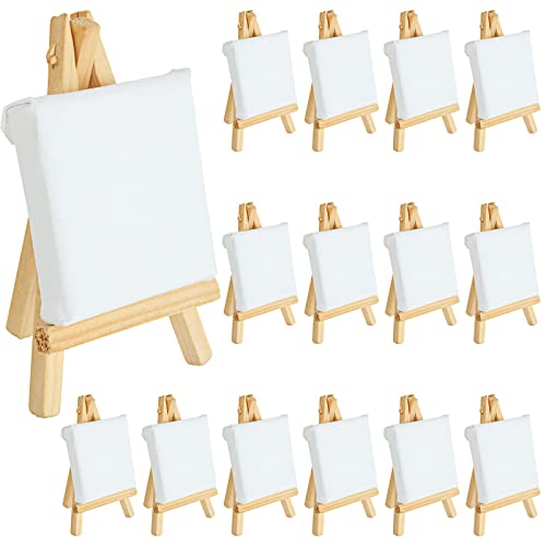 RILIHII ミニ 張りキャンバス セット イーゼル付き 芸術絵創作 現代油絵 美術装飾 水彩絵・アクリル絵・油絵に適用(7cmミニキャンバス16枚+木製卓上イーゼル16個)