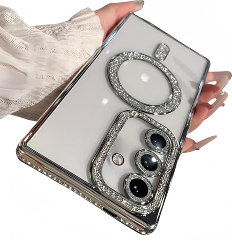 Image of for Samsung Galaxy Glitter Case,Luxury Bling Rhinestone Diamond Plated Bumper Case,MagSafe, Sparkle Camera Lens Protection Clear Back Cover (Silver, for Samsung Galaxy A55 5G)