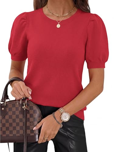 Image of PRETTYGARDEN Womens Sweaters Spring 2026 Summer Puff Short Sleeve Sweater Trendy Cute Knit Work Blouses Business Casual Tops