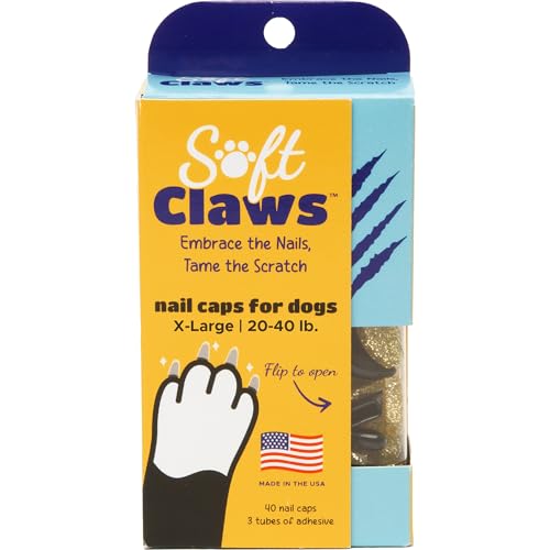 Image of Soft Claws Dog Nail Caps, 40 X-Large Nail Caps, Made in USA - Vet Developed, Safe & Non-Toxic Easy to Apply Claw Covers | Protects Furniture & Skin, Black & Gold Sparkle