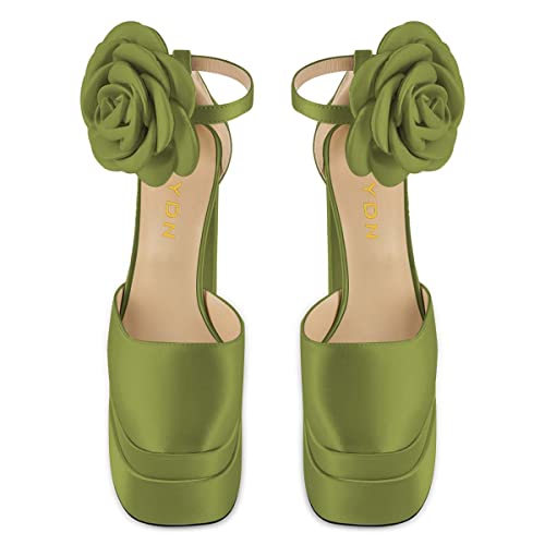 YDN Women Platform Square Toe Pumps Flower Block High Heels Ankle Strap Heeled D'Orsay Party Prom Shoe Size 4-15 US3