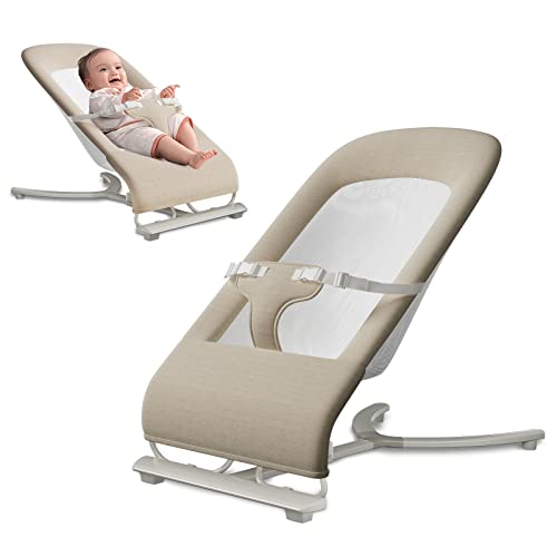 Image of Newborn Baby Bouncer, Portable Bouncer for Babies 0-6 Months, Newborn Bouncer Seat with 3-Point Harness, Portable Rocker with Mesh Fabric (Khaki)