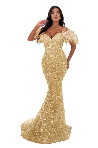 Image of Sequin Feathers Mermaid Prom Dresses 2026 Off Shoulder Sparkly Long Formal Evening Party Gowns with Train