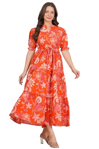 Image of Monique Brand Women's /Girls Cotton Kurta for Women Floral Printed Regular Fit Anarkali Kurta ||Floral Flared Western Dress