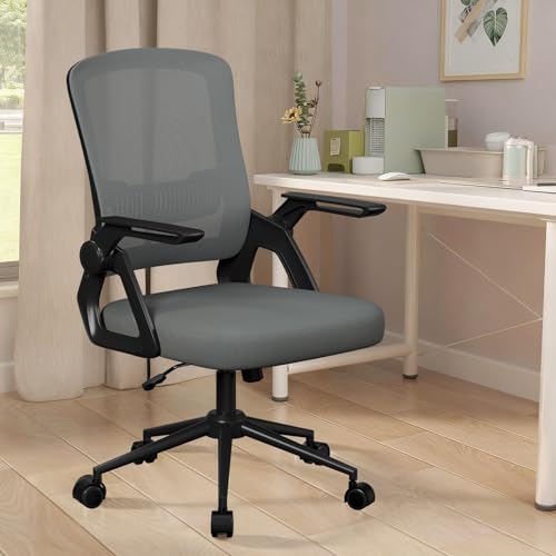 naspaluro Silla de Oficina con Reposabrazos Plegables, Silla Escritorio Ergonómica, Giratoria Ordenador de Malla, Soporte Lumbar, Regulable en Altura, Adecuada para la Oficina en Casa, Gris Oscuro