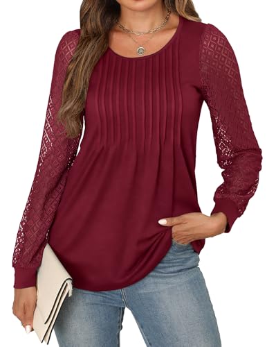APRRAIN Womens Blouses Dressy Casual Business Work Lace Long Sleeve Tops Blusas Elegantes para Mujer Summer Office Puff Elegant Pleated Flowy Tunics 2025 Teacher Outfits Red Burgundy