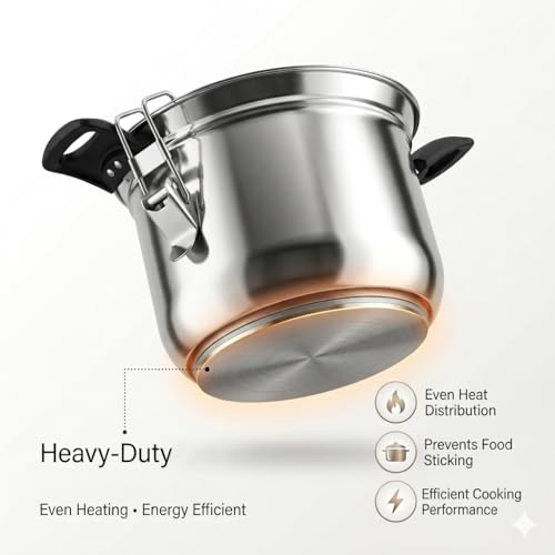 Image of MYNAKSHA Stainless Steel Strainer Pot with Lid, Heavy Base Rice Cooker with Locking Handles, Induction & Gas Compatible, Drain Easily, Ideal for Pasta, Lentils,Noodles & Vegetables - 4.6 L