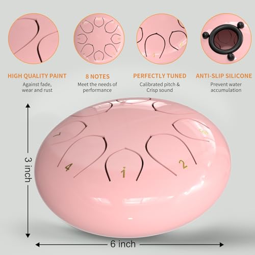 Image of Rain Drum for Outside Garden, 6 Inches 8 Notes Steel Tongue Drums, Waterproof Meditation Echo Rain Chime, Musical Instruments for Adult Gift with Bag, Music Book, Mallets (Pink)