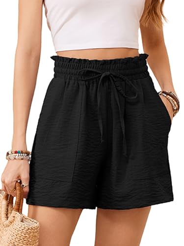 KORSIS Women Shorts High Waist Elastic Summer Lounge Casual Beach Vacation Work Loose Trousers with Pockets Black 2XL