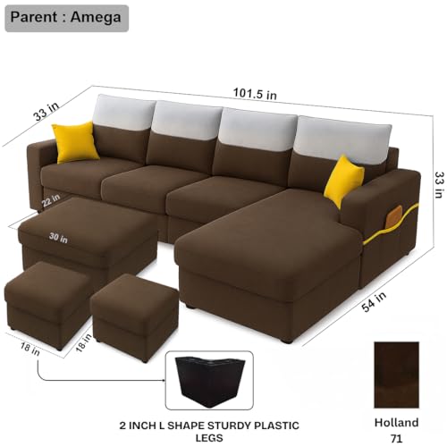 Image of Furny Tokiaa 8 Seater Fabric RHS L Shape Sofa Set with 1 Centre Table & 2 Puffy (Brown) | Soft Velvet Fabric | Modern Design | Comfortable Seating | Living Room Furniture