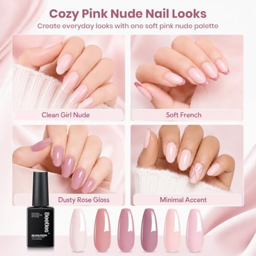 Image of Beetles Nude Pink Gel Polish Set 6 Colors Fall Gel Nail Polish Set | Nude Light Baby Pink Colors, DIY Salon Home Manicure Long Lasting Soak Off UV LED Nail Lamp Cozy Palette