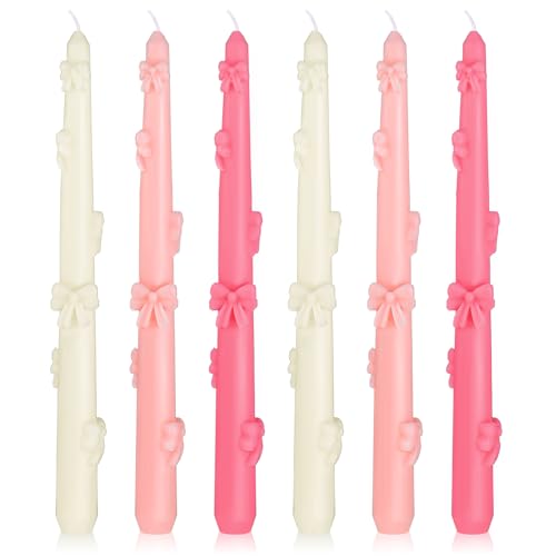 MTLEE 6 Pack Bow Coquette Taper Candle Decor Pink White Aesthetic Wax Candle for Dinner Wedding Couple Anniversary Mother's Day Party Girly Apartment Decor