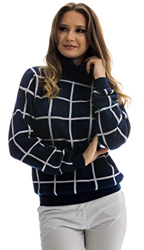 Pulôver feminino de manga comprida com gola rolê de lã merino italiano da Knitton, Navy Square Patte
