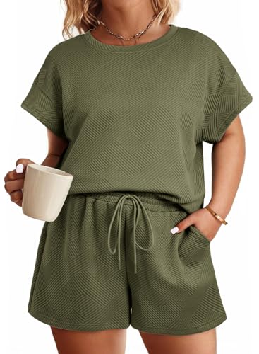 Image of Eytino Women Plus Size 2 Piece Outfits Sweatsuit Short Sleeve Pullover Tops and Drawstring Shorts Pants(1X-5X)