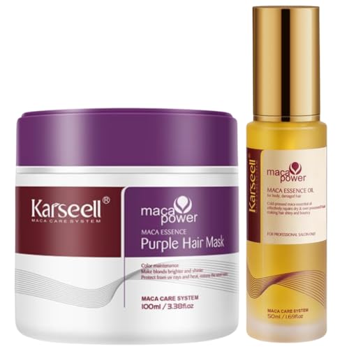 Karseell MACA CARE SYSTEM Zestaw Fioletowa Maska Antyżółta 100ml + Serum Argan Shea 50ml Nawilżające Regenerujące Przeciw Puszeniu Profesjonalne Włosy Blond Siwe Rozjaśniane Format Podróżny