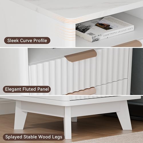 Image of Fluted Nightstand with 2 Drawers, 18 inch Modern Night Stand with Faux Marble Top, Open Storage Shelf, Curved Edge Bedside Table for Bedroom, End Side Table (2, White)