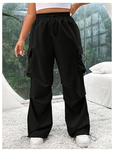 OYOANGLE Women's Plus Size Elastic Waist Cargo Pants Flap Pocket Ruched Parachute Pants Y2k Jogger Sweatpants4