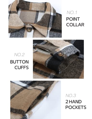 Qiaomai Womens Fall Shacket Jacket Plaid Flannel Wool Blend Button Down Shirt Coats (#1Khaki-M) #TOP2