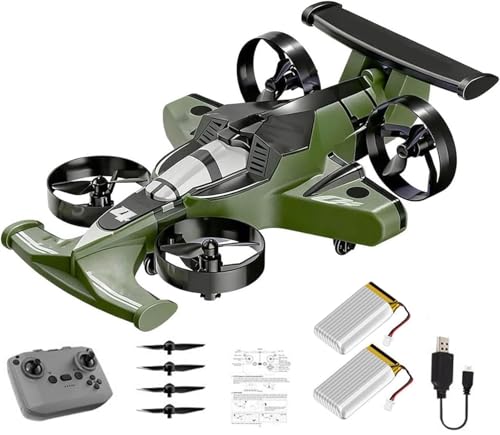 2 En 1 Flying RC Car Drone, Recargable Modo Dual Control Remoto Flying Car Drone 360° Alta Velocidad Drift Stunt Cars 2.4Ghz 4WD Stunt RC Cars con 3 Velocidades Ajustables(Green+Battery*2)