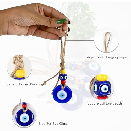 Image of Handmade Turkish Evil Eye Blue Glass Hanging for Good Luck Prosperity Zodiac Success Health Wealth Office Home Decor & Car (Multi Blue)