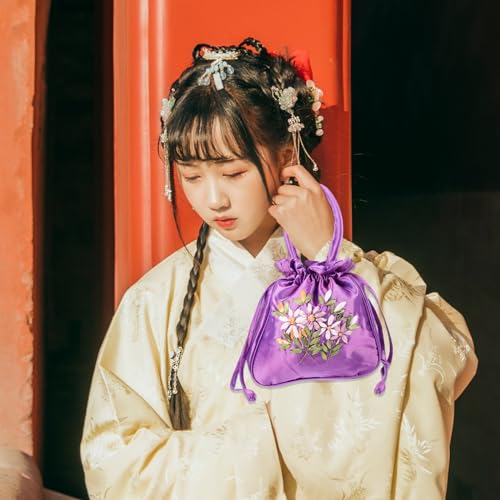 VALICLUD Small Bag Tote Bag Hand Drawstring Purse with Handle Drawstring Tote Purse Embroidered Women Embroidered Miss Silk Folk-custom Purple2