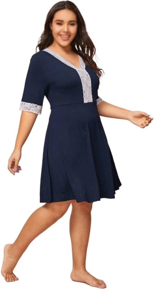 JSEIAJB Lace Panel Short Sleeve A-line Dress V-Neck Fit and Flare Casual Dress Large Size Beach Dress(5X-Large)