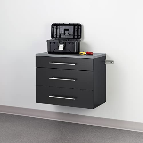 Image of Prepac HangUps 30'' Garage Storage Cabinet with 3 Drawers, Wood Wall Mount Pantry Cabinet, Wall Hanging Laundry Room Cupboard, Kitchen Pantry for Garage, Kitchen and Laundry Organization, Black