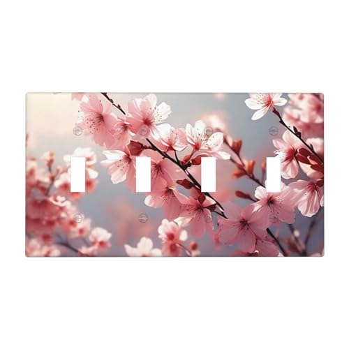 Decorative Wall Plate 4 Gang Quad Toggle Cherry Blossom Light Switch Cover Outlet Faceplate Cover Suitable for Living Room Bedroom Bathroom Offices...