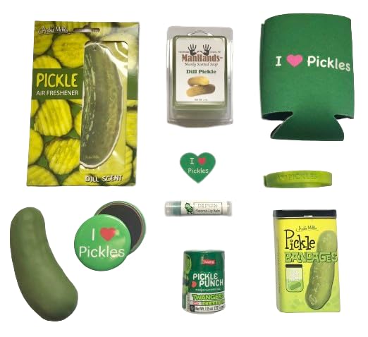 Big Dill Pickle Lovers Gift Pack (10pc Set) - Pickles Bandages, Lip Balm, Stress Pickle, Can Cooler, Air Freshener, Soap, Magnet, Wristband, Sticker & Salt