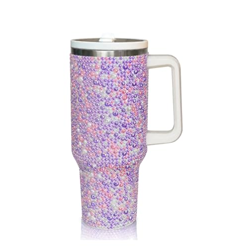 Image of 40 Oz Rhinestone Studded Tumbler with Handle Straw and Lid, Insulated Stainless Steel Double Layer Water Bottle for Women, Reusable Travel Coffee Mug (1200ml) Pearl lilac /pink