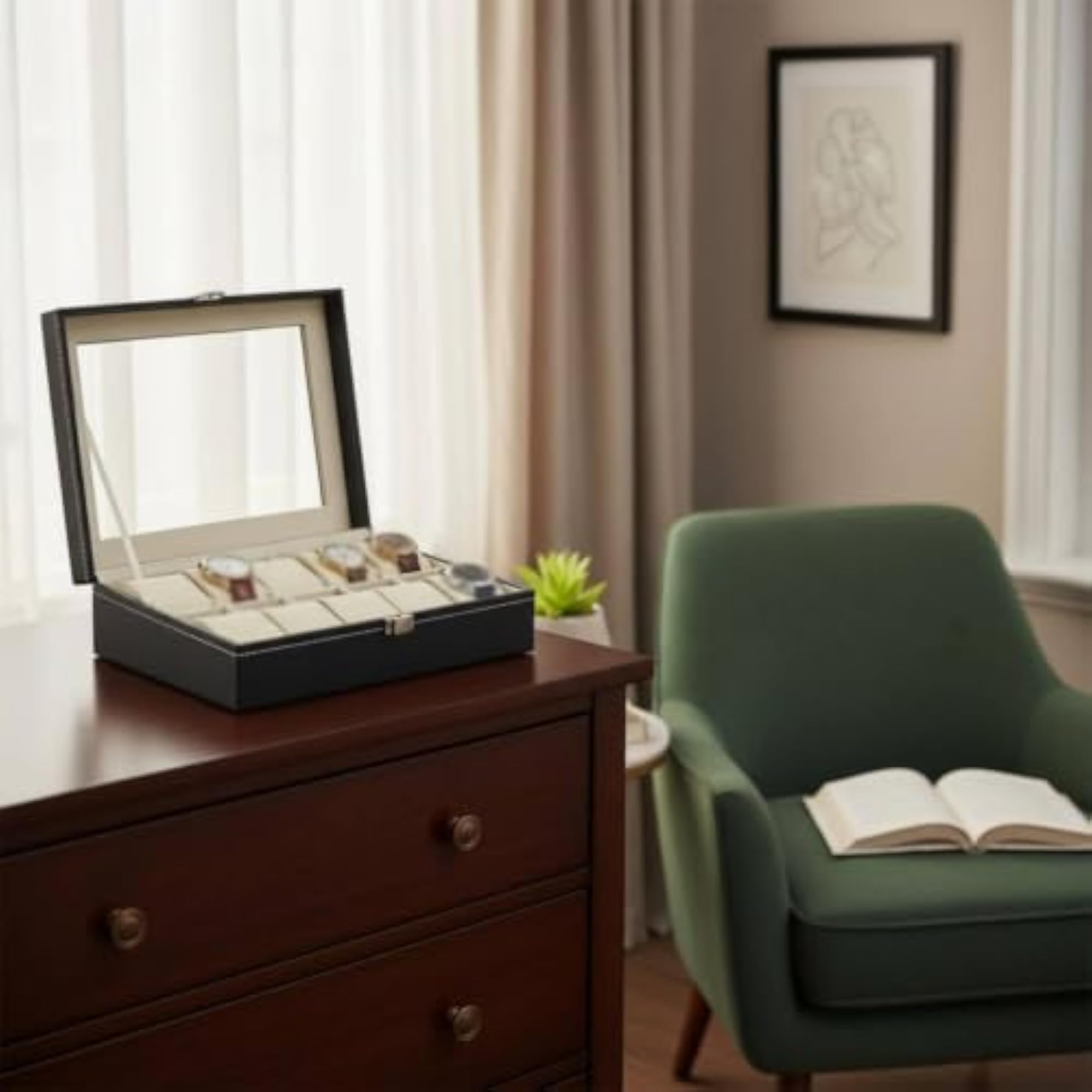 Glass Lid Watch Display Box with Padded Compartments