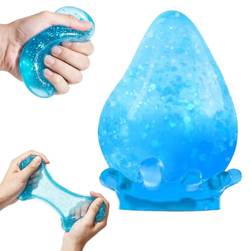 Dream Stress Drop Silicone Squishy Stress Balls Blue Water Drop Shape Squishy Squeeze Ball with Glitter Fill TPR Pressure Relief Fidget Toys for Adults Kids Anxiety Relaxation