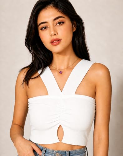Image of Bedazzle Women's Ribbed Cutout Crop Top | Strappy V-Neck Ruched Sleeveless Tank | Sexy Stretchy Bodycon Club Wear for Party & Summer