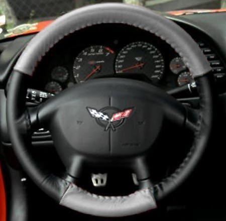 C5 & Z06 Corvette Steering Wheel Cover Custom Made Euro-Style Two-Tone Genuine Leather for 1997-2004 (Grey/Black)