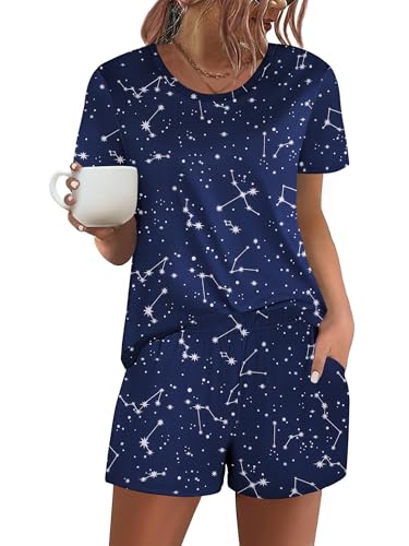 Image of Ekouaer Women's Pajama Sets Short Sleeve Pjs 2 Piece Top and Shorts Sleepwear Comfy Soft Lounge Sets with Pockets
