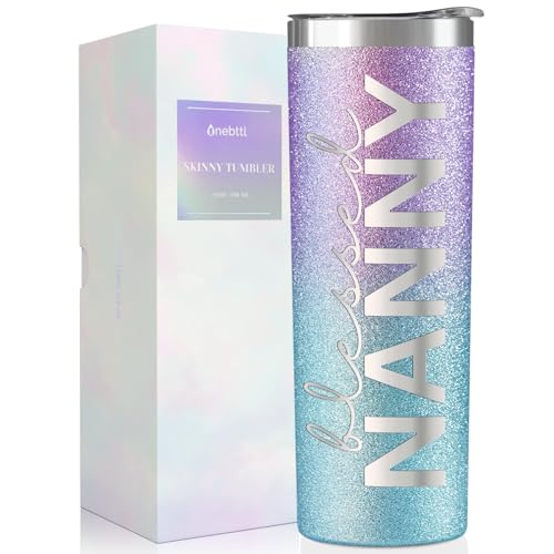 Image of Onebttl Christian Grandma Gifts for Mother's Day, 20oz Purple & Blue Glitter Skinny Tumbler, Straw & Lid Included, Nanny Gifts - Blessed Nanny