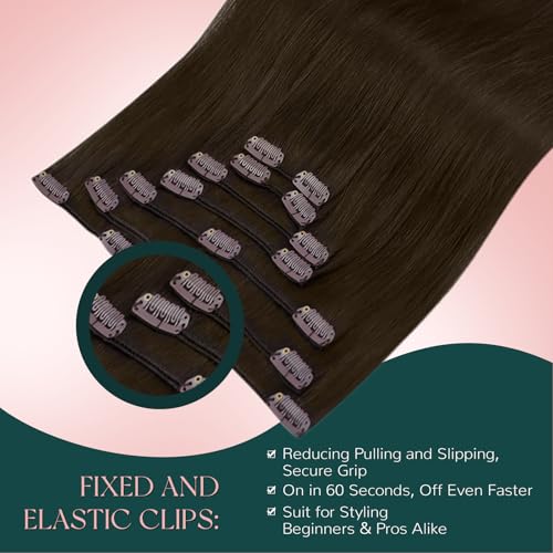 Image of Easyouth Clip in Human Hair Extensions Brown Straight Hair Extensions Clip ins Darkest Brown Clips in Hair Extension Real Human Hair Ease of Use 14 Inch 7Pcs 85G
