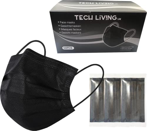 tech LIVING Wegwerpbare zwarte gezichtsmaskers, medische gezichtsmaskers voor volwassenen, extra dik en comfortabeler, individueel verpakt, 3 lagen, 50 stuks, EN 14683:2019 standaard (zwart)